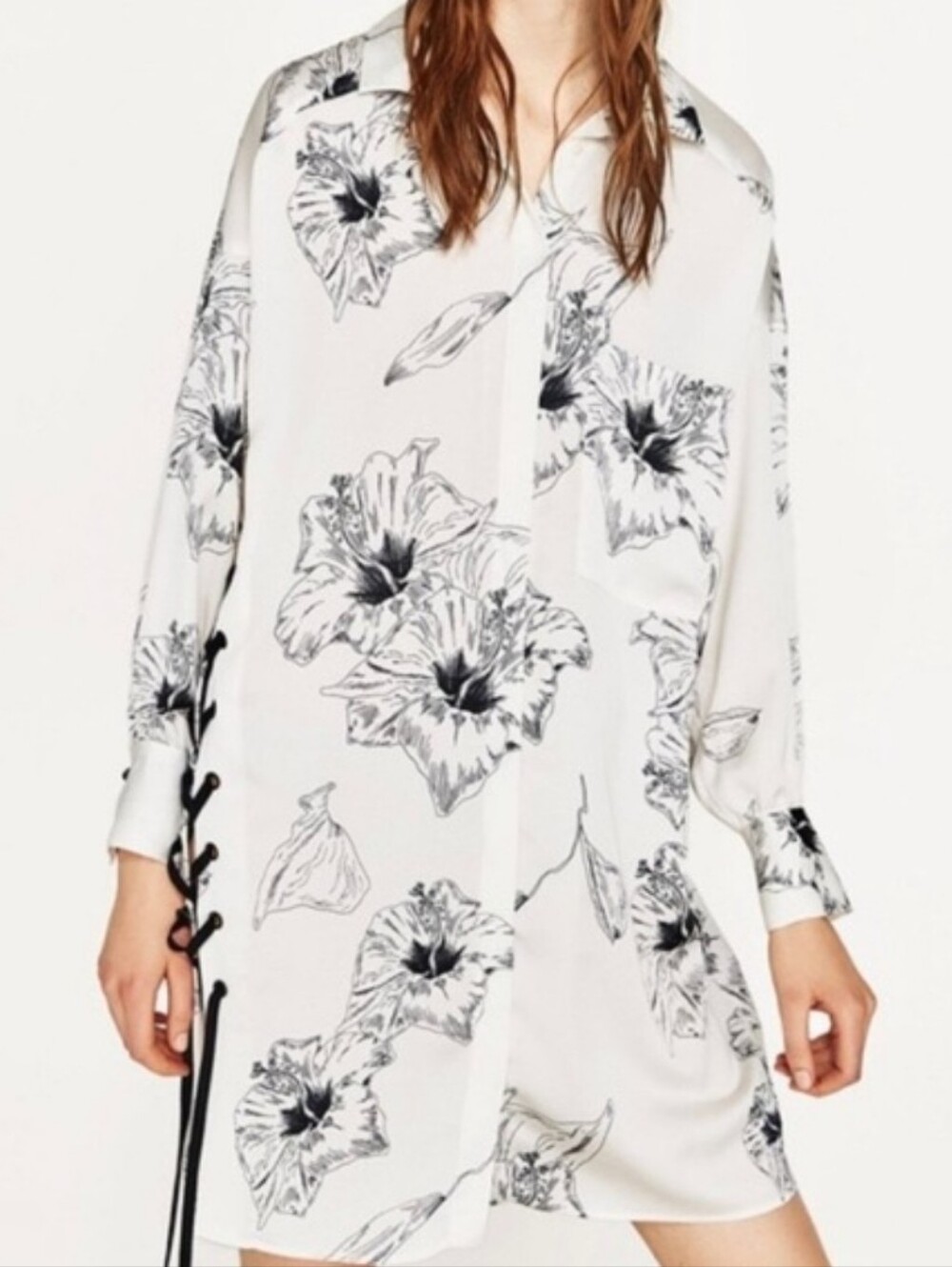 Zara Basic Black & White Floral Button-Front Dress